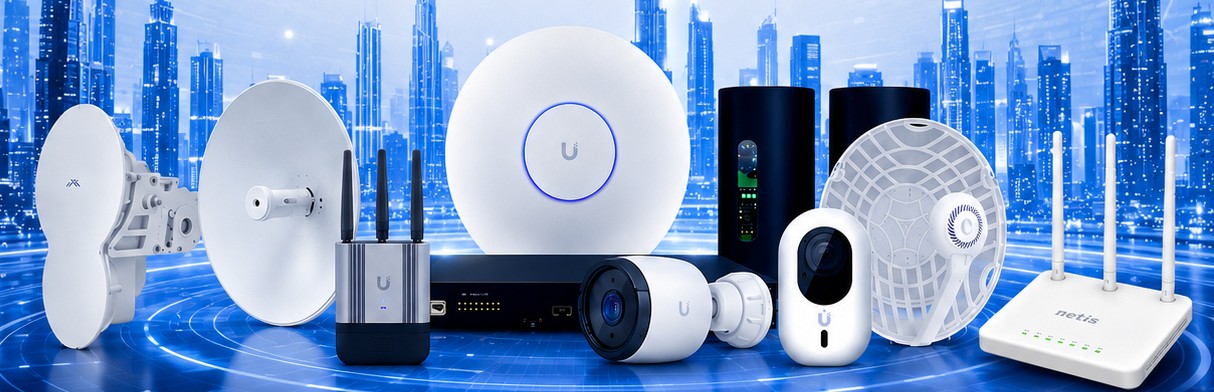 MikroTik, Ubiquiti and netis routers, switches, access points, cameras and wireless radios in front of the Dubai skyline