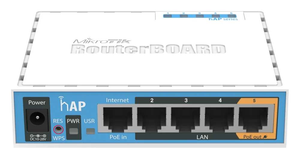 MikroTik hAP RB951Ui-2nD 2.4 GHz Wi-Fi router with five Ethernet ports