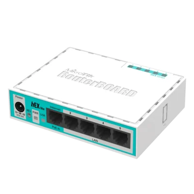MikroTik hEX lite RB750r2 – 5x Ethernet,
Small plastic case,
850MHz CPU, 64MB RAM,
Most affordable…